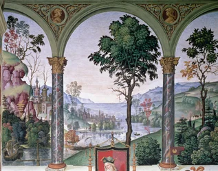Background landscape seen through the loggia, (detail)