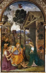 Nativity with St. Jerome, youthful fresco by Bernardino Betti known as Il Pinturicchio
