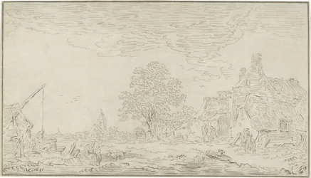 View of a Village with a Well on the Left