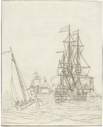 Warship and Three Sailing Ships on the Open Sea