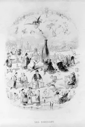 Drinks: a crowd in adoration in front of a bottle of wine and the different types of drinks in Brillat - Savarin illustrated by Bertall. Paris 1840. Jean Anthelme Brillat-Savarin, French gastronome.