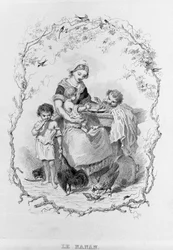 The Nanny: A Young Mother Feeds Her Three Children in "La Physiologie du Goût" by Brillat-Savarin Illustrated by Bertal. Paris 1840. Jean Anthelme Brillat-Savarin (1755-1826) French Gastronome