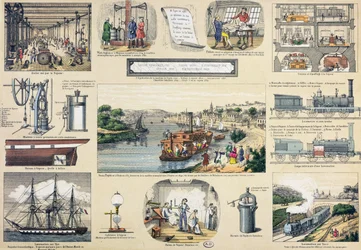 History of Steam, illustration for an educational textbook, mid 19th century