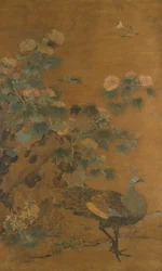 Peacock and Hollyhocks