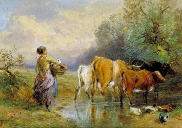 A Girl Driving Cattle Across a Stream