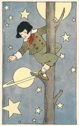 Boy Climbing a Tree Among the Stars and Planets