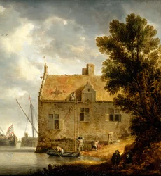 Builders Repairing a House by a River