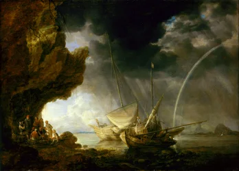 Seascape with sailors sheltering from a rainstorm, mid 17th century