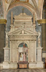 North Transept, Altar of St. Michael the Archangel, Behind the Altarpiece the Frescoes of Boniface Bembo, Virgin and Child Saint Aquilina and Saint Catherine of Alexandria, Above symbol of Humility