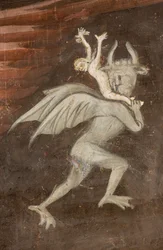 North Transept, Altar of St. Michael the Archangel, Behind the Altarpiece the Frescoes by Boniface Bembo, Archangel Michael with Libra driving out the Evil (detail)