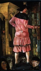 Street of the Blondes. A prostitute in a street in Paris, France, surrounded by the faces of suspicious-looking men, watched by a man hiding behind the column of a building. Painting by Boris Dmitrievich Grigoriev