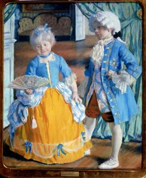Children in Rococo Dress. The boy wears stockings and a wig, while the girl holds a lace fan.
