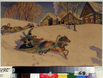 Shrovetide. Happy children speed along in horse-drawn sleighs over the snow in front of the village with wooden houses. The gathered adults greet them. Work by Boris Mikhailovich Kustodiev (1878-1927)