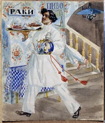 A Russian waiter in a Moscow tavern carrying a tray of food and teapots