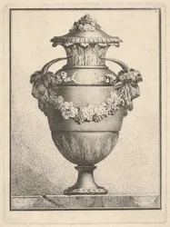 Design for a covered vase with two goat heads and a garland, 1764