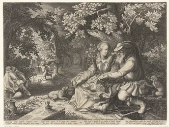 Death and Cupid Shoot Arrows at Each Other and Old Man Courts Young Woman
