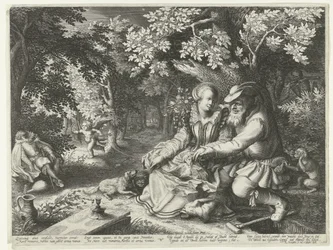 Death and Cupid Shooting Arrows at Each Other and Old Man Courting Young Woman