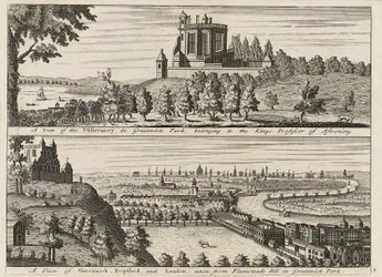 A view of the Observatory in Greenwich Park... A view of Deptford and London taken from Flamsteed Hill in Greenwich Park, c.1750