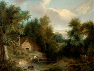Landscape, Cottage and a Stream with a Figure and a House