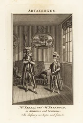 Margaret Farrel and Charles Frederick Reinhold in Persian costume as Artaxerxes and Artabanes in Thomas Arne