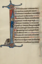 Initial I: David atop a Tower Pointing to Three Demons Below