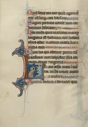 Initial L: A Kneeling Man Pointing to a Rock and Touching His Head