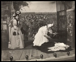 A scene from an amateur production of a play titled Angelina, The Orphaned Heiress presented at Barnard College, New York