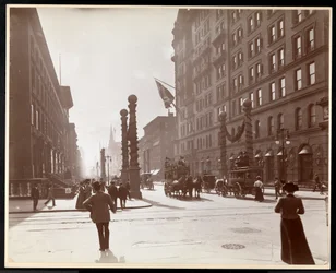 Decorations for the Dewey Parade in front of the Waldorf Astoria Hotel at 33rd Street and 5th Avenue, New York, 1899