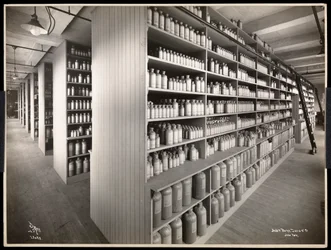 Interior view of a chemical storage room at Parke, Davis and Co., chemists, Hudson and Vestry Streets, New York, 1910