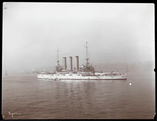 View of a military ship, presumably on the Hudson River near West Point upon the visit of Prince Louis of Battenberg