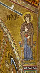 Announciate Virgin, Byzantine mosaic with a golden background in the tympanum of the apse
