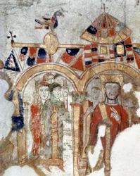 Deacon and fideles during a procession to the church (Miniature from Exultet, 11th century)