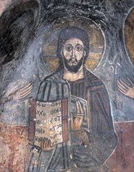 Close-up of a fresco of Christ Pantocrator, Zoupena, Sparta, Peloponnesus, Greece