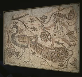 Floor Mosaic Panel: Grape Harvester with Peacock