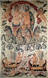 Byzantine Art: Triumph of Neptune and Amphitrite. Neptune and Amphitrite Naked on a Chariot Pulled by Four Sea Horses. Mosaic of the 3rd Century