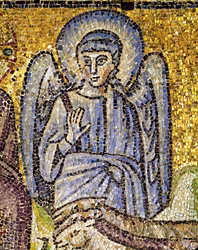 An Angel with Halo and Raised Right Arm