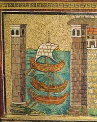 Entrance to the Harbour of Classe, Harbour Towers and Three Ships (detail)