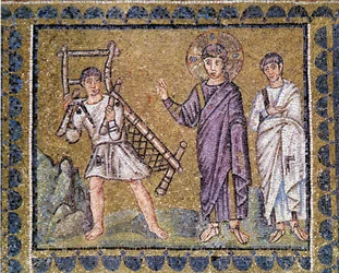 Guerison of the Paralytic, Church of St. Apollinar the Nine of Ravenna, mural mosaic, Italy, 6th century