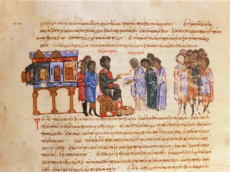 Ambassador from Kiev Sent by King Vladimir (978-1015) is Told about Christianity by a Byzantine Bishop, from the Madrid Skylitzes