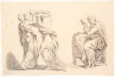 Two Women in Classical Garments Carrying a Basket and a Sibyl after Michelangelo