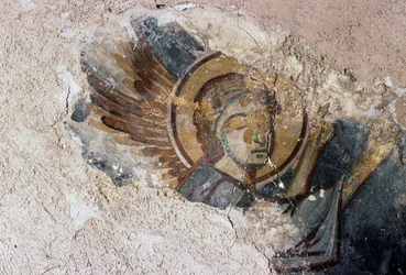 Angel, fresco in the Byzantine church of Agios Georgios, Apodoulou, Crete, Greece