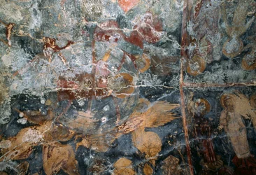 Damaged fresco in church of Metamorphosis Sotiros, Voutas, Crete, Greece