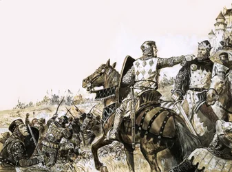 Unidentified battle scene with soldier pointing at King