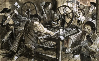 Workmen take out their anger on the machines