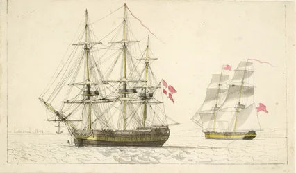 A Danish Frigate at Anchor and an English Brig Under Sail