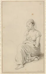 A Woman Leaning Against a Stone Block and Sleeping