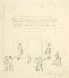 A Triumphal Arch in the Foreground with Staffage Figures