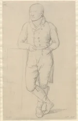 Portrait of a Standing Man, with Crossed Legs, Leaning Against a Sofa