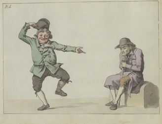 Satirical Sheet; A Man Jumps and Laughs While Pointing at a Seated Old Man