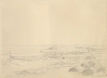 Beach Scene with Waves Crashing Against Rocks and a Bathing Jetty